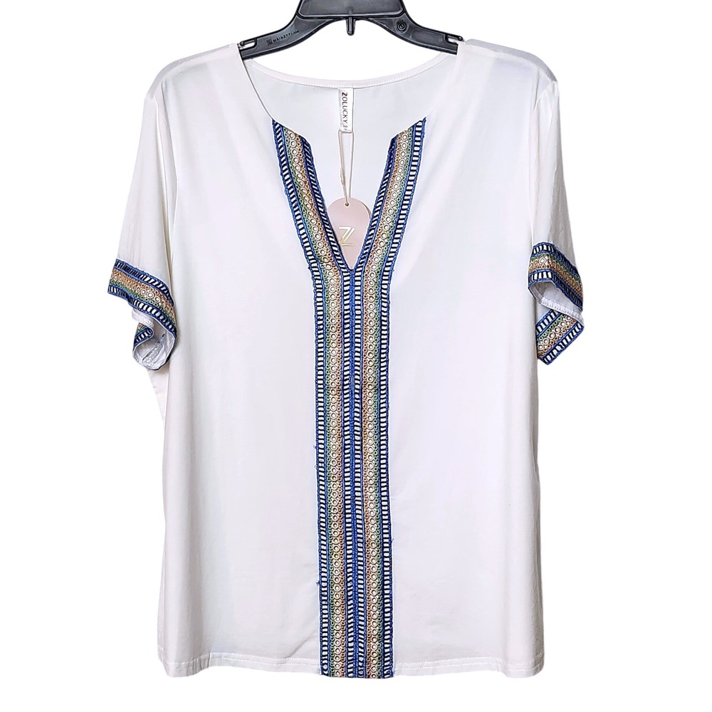 NEW ZOLUCKY LACE DETAIL BOHO STYLE SUPER SOFT SHIRT WOMENS‎ 1X OFF WHITE